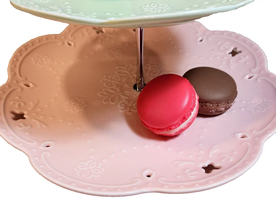 Bandeja para servir postres de té merienda verde menta rosa con soporte para pasteles de dos niveles intercambiable Foto 4 de 4