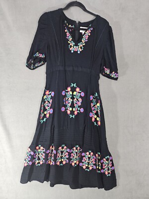 Ollari New York Large Boho Maxi Teir Dress Black Vneck Embroidery Floral Cottage
