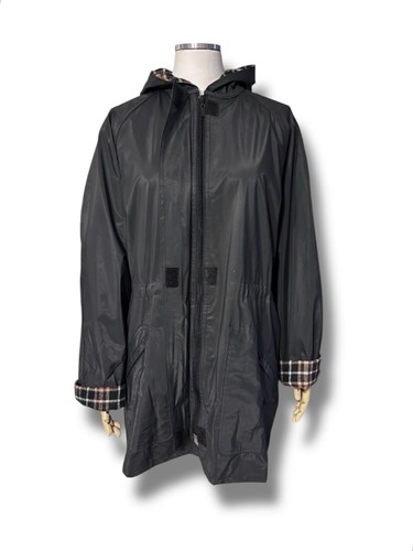 TOTES Women’s Plaid Flannel Lined Black Hooded Full Zip Raincoat Medium - Picture 2 of 10