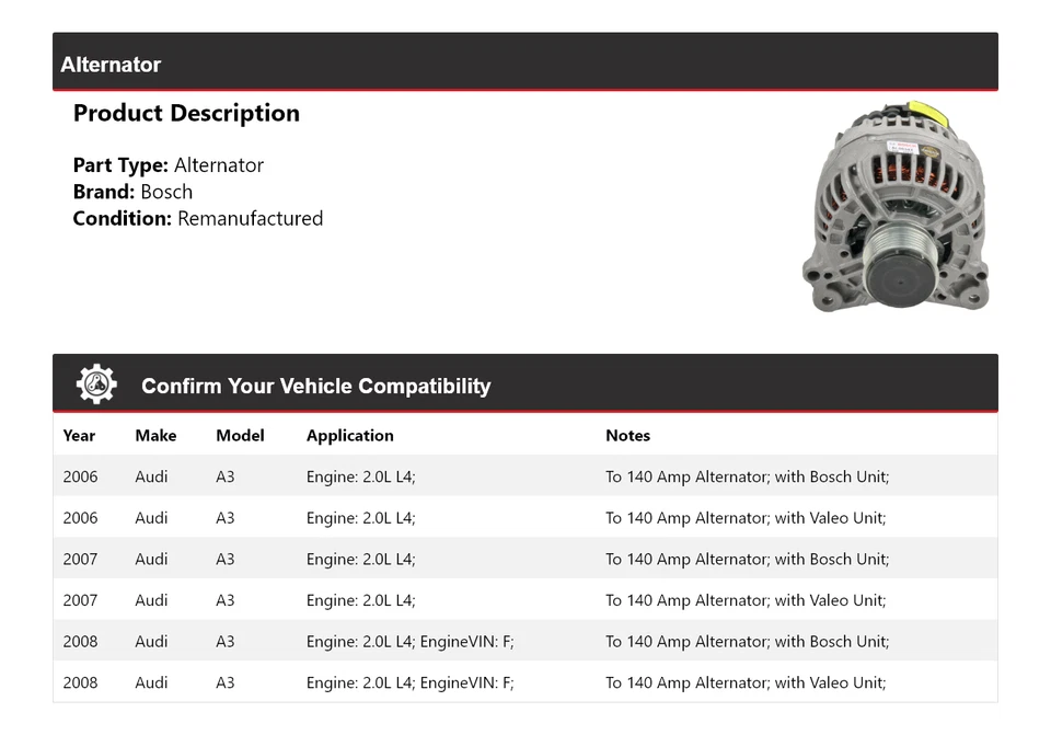 For 2006-2008 Audi A3 2.0L L4 Bosch Alternator (Remanufactured) 2007 - Изображение 2 из 4