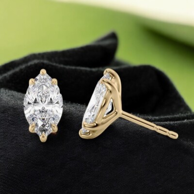 Lab Grown Diamond CVD 18K Yellow Gold 2 Ct IGI Certified Marquise Earrings Stud