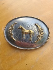 Vintage Mexico Alpaca Brass Horse Western Belt Buckle