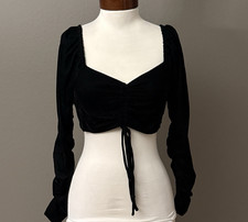 Nasty Gal Black Faux Velvet Ruched Sleeve Cropped Top Sz 0 Fall