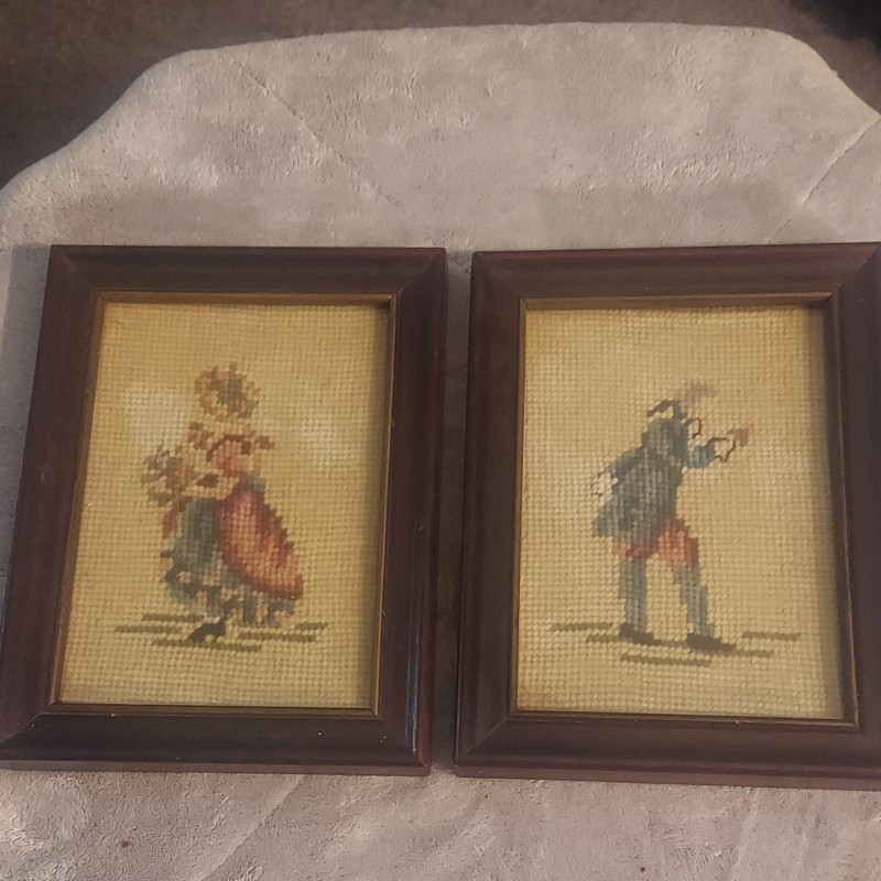 Handmade Pair of Framed Finished Cross Stitch Needlework Figures