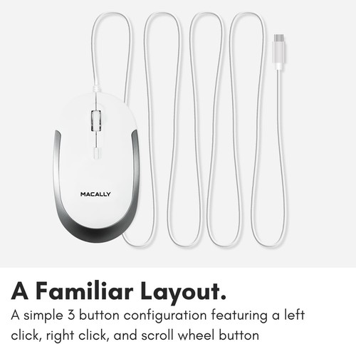 Macally Wired USB C Mouse for Mac & Windows - 3 Button White with Silver Trim - Picture 6 of 7