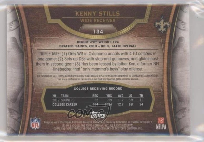 2013 Topps Triple Threads Auto Relics Sapphire /10 Kenny Stills #134 Rookie RC - Image 2 of 2