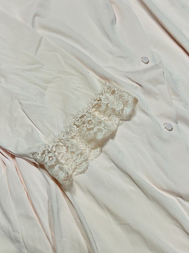 Shadowline Long Robe Pink Peach Nylon Lace Button Front Romantic VTG Size Large - Picture 5 of 11