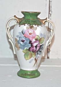 Occupied Japan Hand Painted Porcelain Vase Green Gold Floral Double Handle