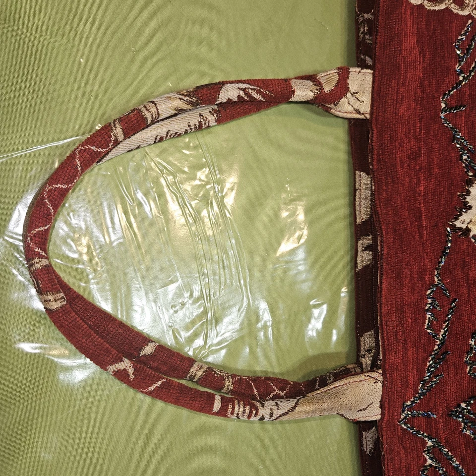 Lovely Tapestry Style Red Tote Bag Mountains Horses Western Beaded Embroidery  - Image 3 of 4