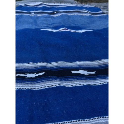 Vintage Mexican Blanket Serape Cobalt Blue Falsa Throw Rug Southwest Decor - Picture 2 of 3