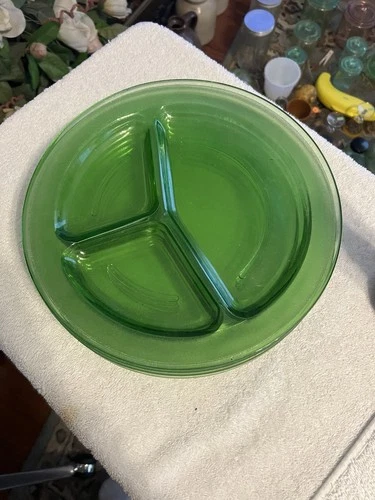 (5) 11" Uranium Green Depression Glass Divided Plates