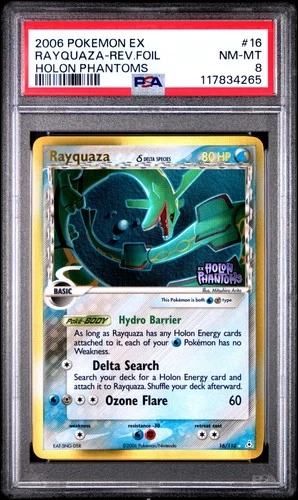 2006 POKEMON EX HOLON PHANTOMS #16 RAYQUAZA-REVERSE FOIL PSA 8