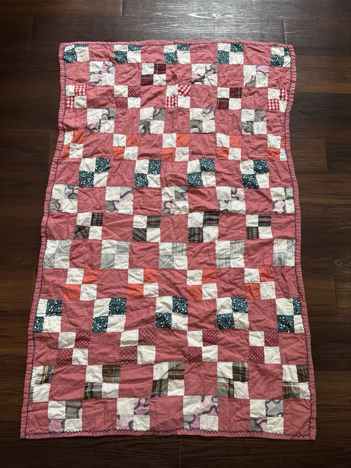 Handmade Vintage Thin Patchwork Quilt Small Squares  Thin Baby Blanket - Image 2 of 4