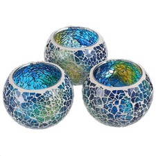 Set of 3 Blue Mosaic Glass Tea Light Holders Round Bowl Votive Candle Holders...