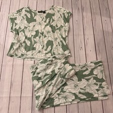 Tahari Top Wide Leg Pants Size L Green Floral 100% Lux Linen Boho Beach Summer