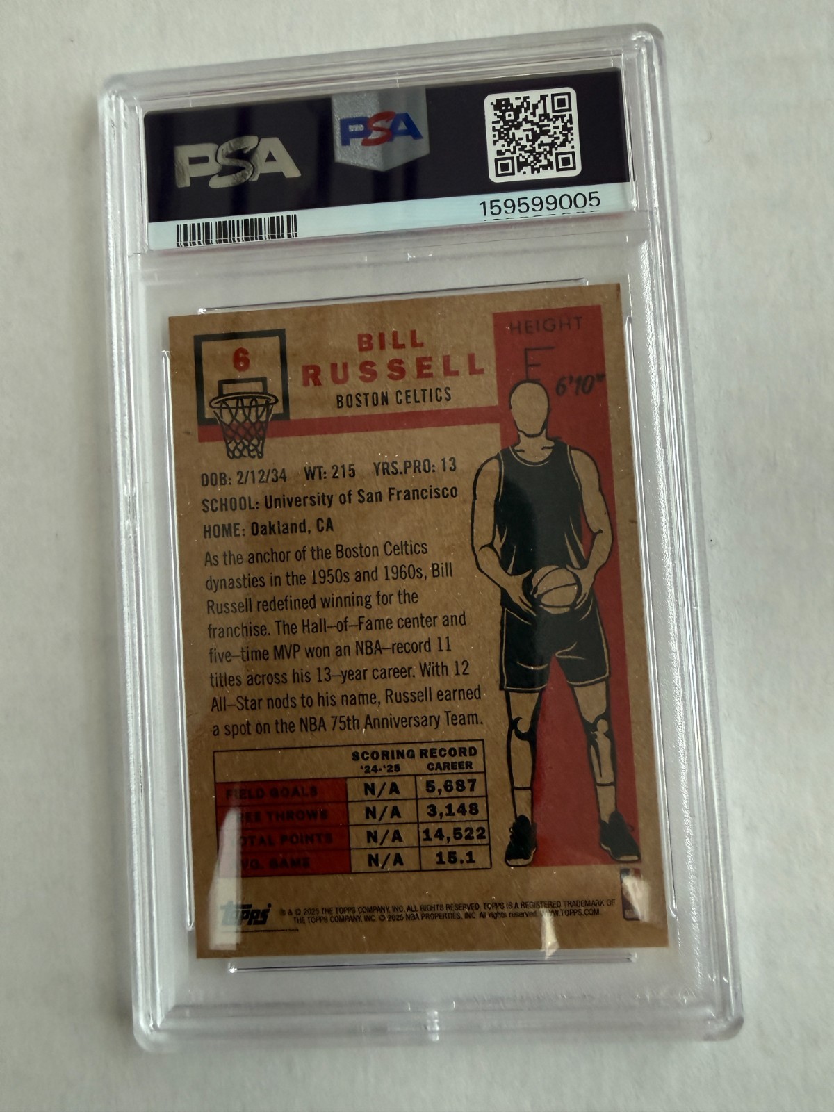 2025-26 Topps Nba Living Set - Bill Russell #6 /6065, PSA 9 Cert #159599005 view 2