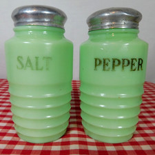 Vintage Jeannette Jadeite Salt & Pepper Shakers with Aluminum Lids