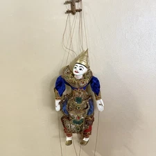 Vintage Burmese Marionette Wood Puppet In Colorful Traditional Dress, No Tangles
