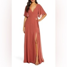 Jenny Yoo Ari Flutter Sleeve Faux Wrap Dress English Rose Chiffon Size 10 Maxi