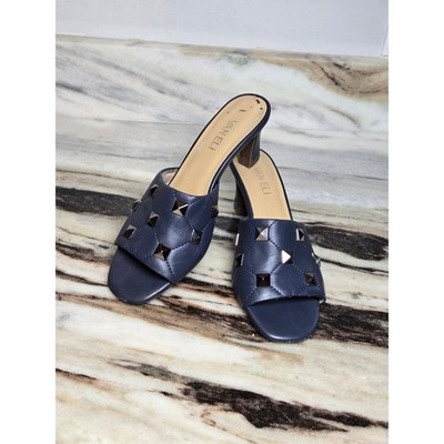 Vaneli Navy Blue Quilted Leather Studded Kitten Heel Slide Sandals 7.5N