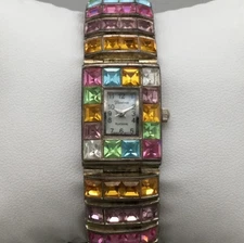 Geneva Platinum Watch Women 19mm Colored Crystals Silver Tone New Battery 7.25"