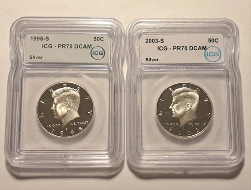 1998-S & 2003-S SILVER KENNEDY HALF DOLLAR PROOFS ICG PR70 DCAM JFK 50C