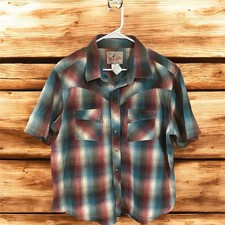 Vtg Wrangler Mens Western Pearl Snap Shirt Blue Red Plaid Short Sleeve XL Cowboy