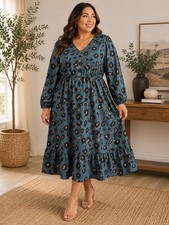 Long Sleeve Leopard Print  V-Neckline  Midi Dress 2XL