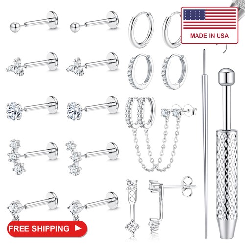 LOLIAS Hypoallergenic Silver Threadless Flat Back Stud Earrings for Women