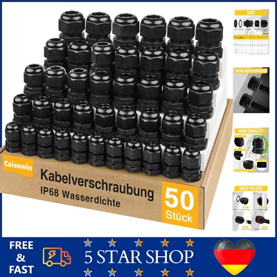 50tlg Kabelverschraubung Set IP68 PG7-PG16 Schwarz Wasserdicht für Kabel Abzweig