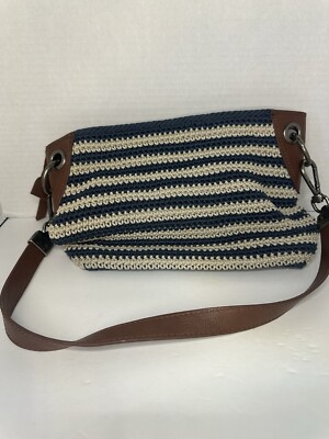 The Sak Blue & Cream Crochet Knit  Boho Double Stripe Shoulder Bag Purse