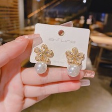 Fashion Hollowed out Pearl Flower Drop Dangle Earrings 925 Silver