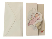 5 BIGLIETTI INVITO AUGURI PARTECIPAZIONI NASCITA BATTESIMO BIMBA CULLA CM 15,5