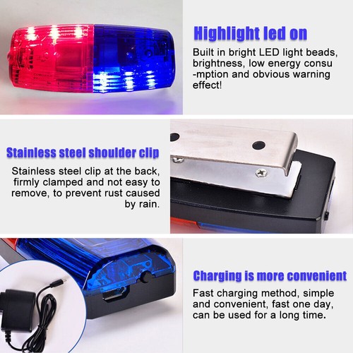LED Blue Red Strobe Light Shoulder Clip Lamp Riding USB Charging Flashing Safety - Picture 5 of 8