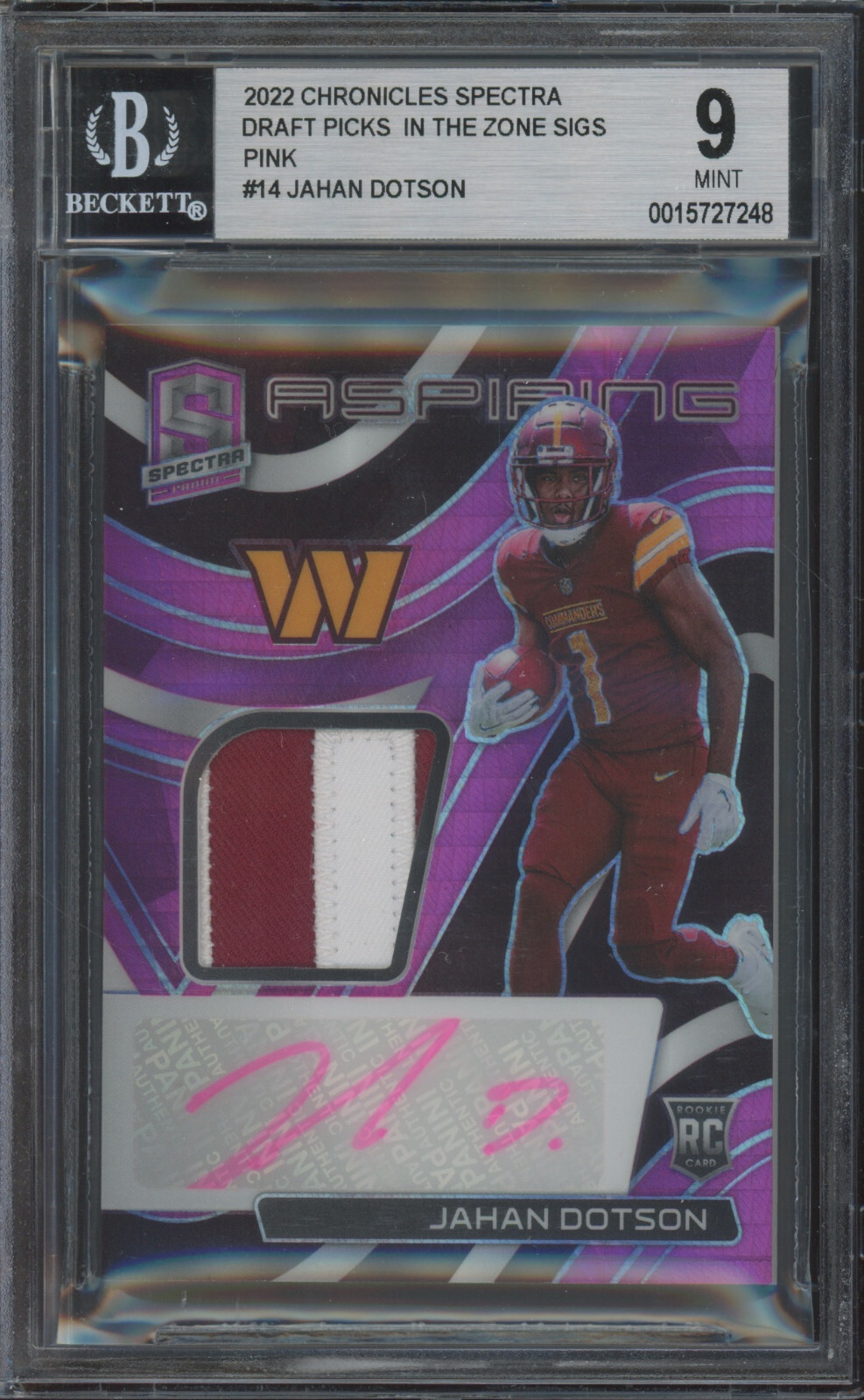 Jahan Dotson Panini Chronicles Draft Picks Spectra in the Zone Signatures #ZJDO Purple