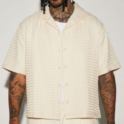 NWT Nova Men Textured Waffle Knit Shirt Men's Button Up Club 3D Boxy Miami M