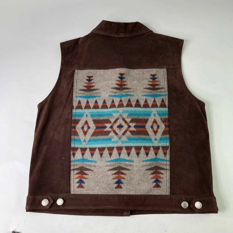 PENDLETON Womens Leathet MIX Back PRINT Size M Button AZTEC WOOL VEST Brown  - Image 3 of 4