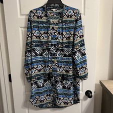 FREEWAY White Blue Black Geometric Floral V-Neck Long Sleeve Shift Dress Size M