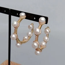 New Fashion Freshwater White Pearl Earrings Cz Crystal Pave Circle Earrings