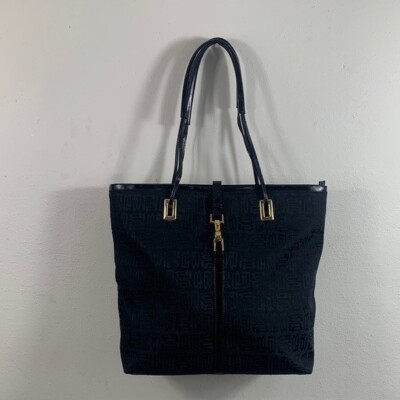Tosca Blu Italy Tote Bag Black Canvas Monogrammed Shoulder Purse Womens Medium
