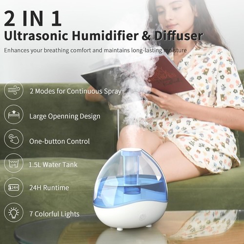 BPA-Free Ultrasonic Humidifier - 1.7L Tank, Adjustable Mist & Ambient Light - Picture 4 of 9