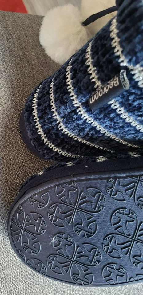 Botas de atletismo de dormitorio Kylie Chenille tejidas - rayas azules y blancas - L (Reino Unido 7/8) Foto 4 de 4