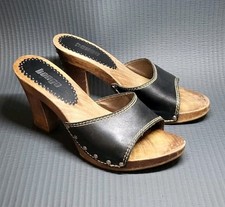 Vintage 90s Y2K BONGO Wooden Chunky Platform Sandals Shoes Women s Black Leather