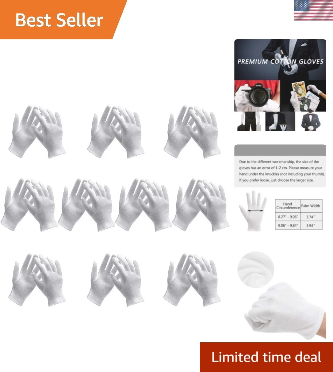 10 Pairs Archival Photo Gloves, White Work Gloves for Handling Art Working Ph...