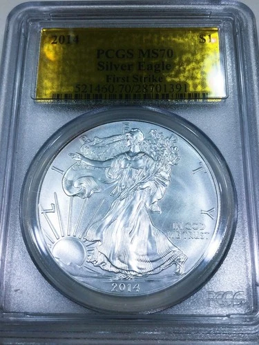 2014 First Strike American Silver Eagle Gold Label PCGS MS70  Beautiful Coin