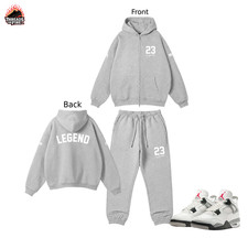 Full Zip Grey Hoodie Joggers Sweatsuit Set Front Back Print Streetwear Tracksuit