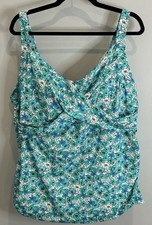 Lands End Tummy Control Wrap Underwire Tankini Swimsuit Top Aqua Floral 26W