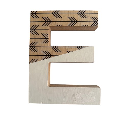 Wooden Letter E Block Wall Decor White Natural Wood Arrow Pattern Boho Accent