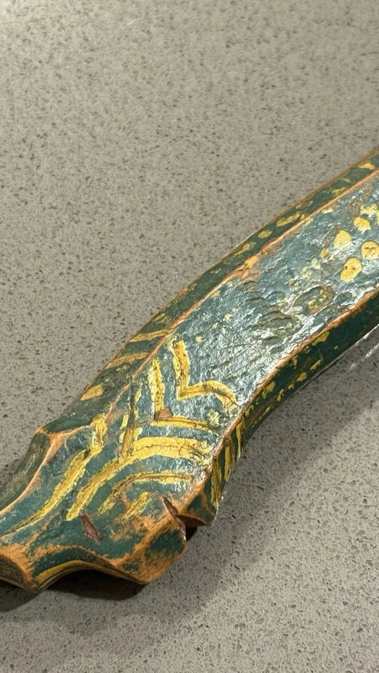 Antique Asian Green Dragon Head Wood Handled Steel Blade Knife Hand Painted - Image 2 of 4