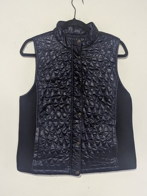 Talbots Women Quilted Vest Size LP Navy Side Stretch Panels Zip Pockets Classic